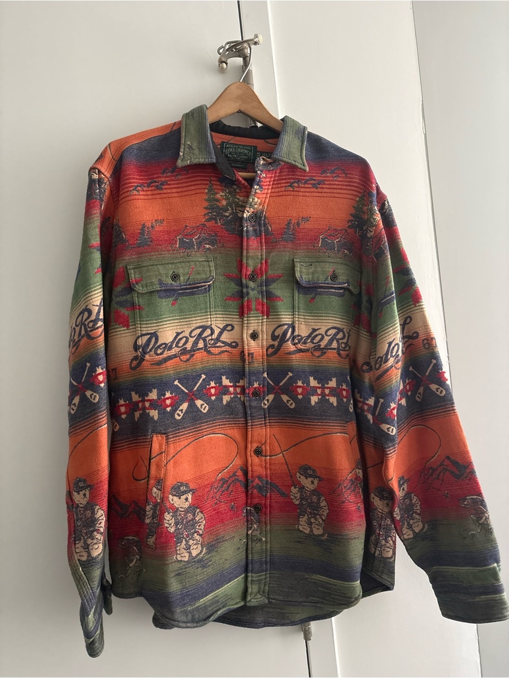 Ralph Lauren Western Fishing Bear Work Shirt Jacket in Orange & Green - Picture 4 of 7